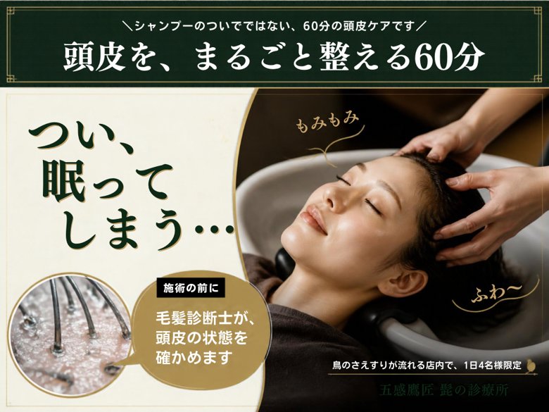 つい眠ってしまう、60分の頭皮ケア。施術の前に毛髪診断士が頭皮の状態を確かめます