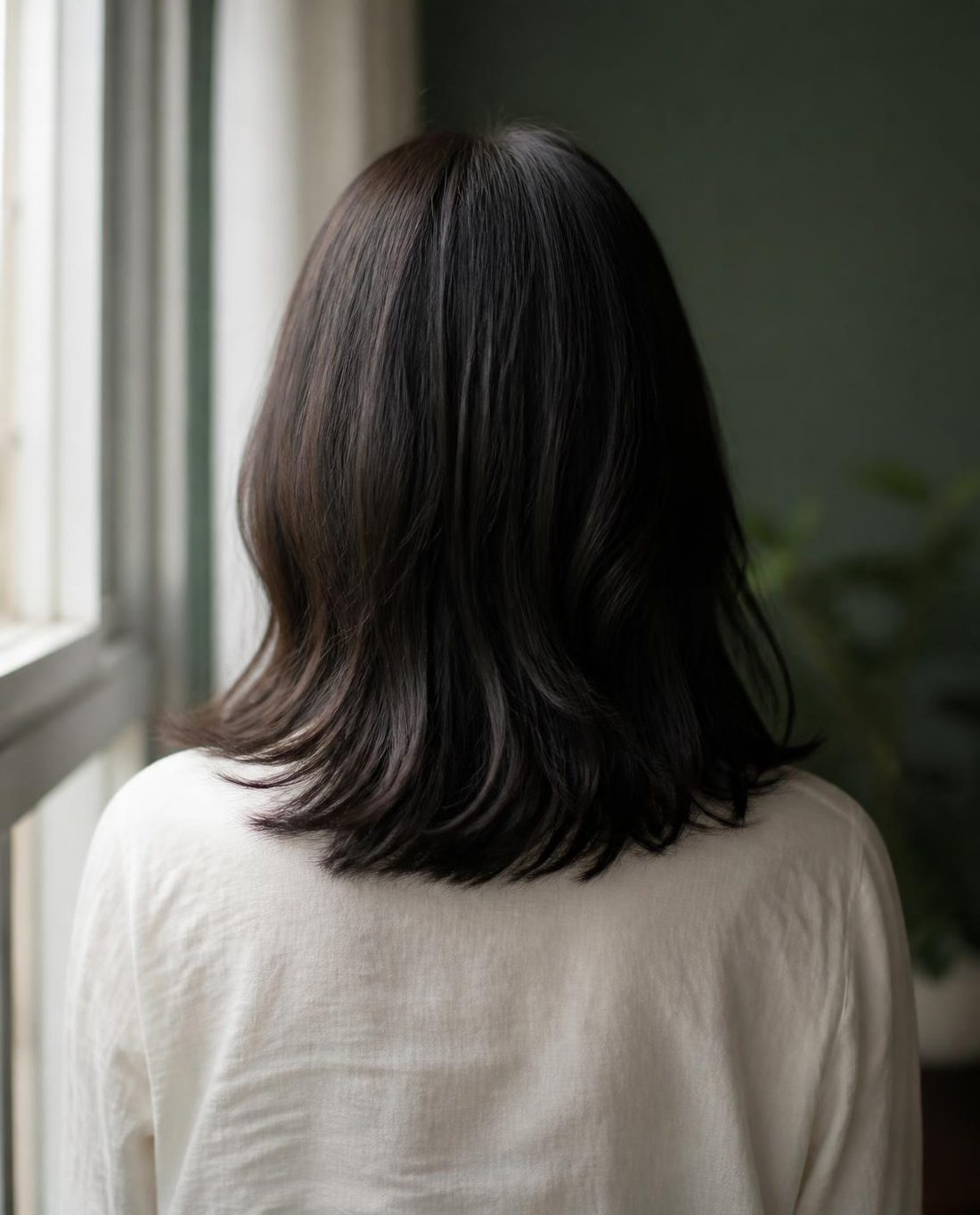 窓辺に立つ、自然な暗めの茶色の髪の女性の後ろ姿